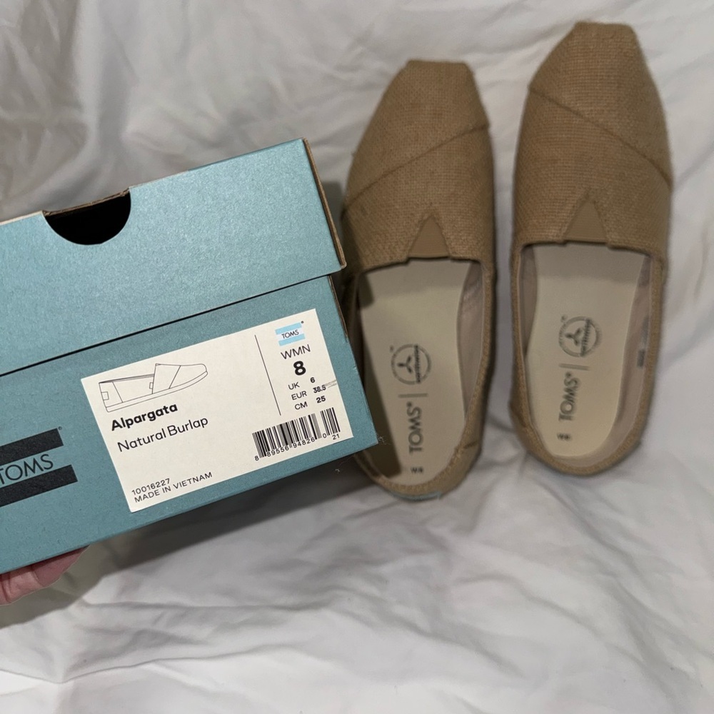 TOMS Tan Burlap Alpargata Slip‑Ons – Classic Neutral Women’s Shoes